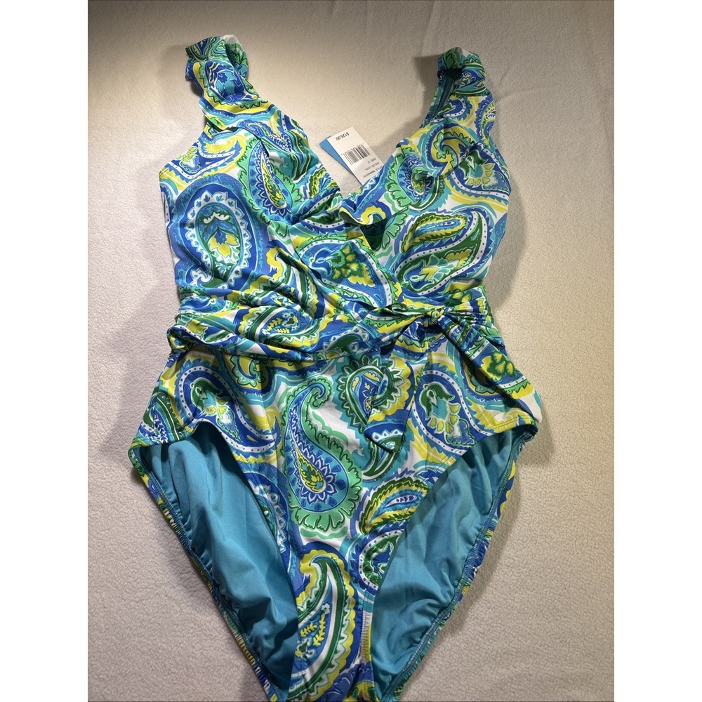 Bleu Rod Beattie Blue, Green and Yellow Paisley One-Piece Swimsuit